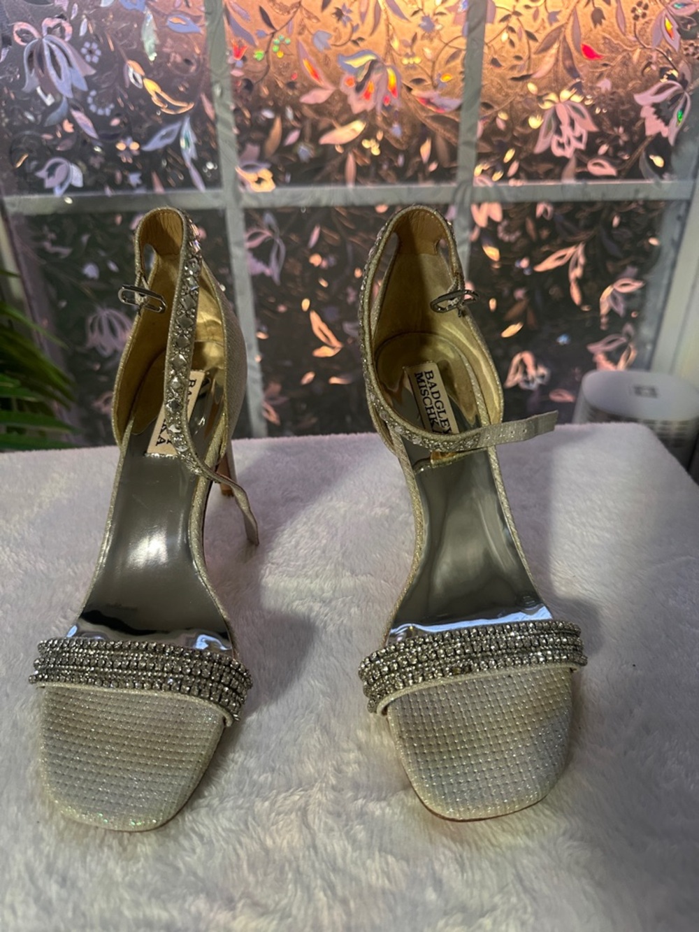 Badgley Mischka Silver and Gold Crystal-Embellished Ankle-Strap Heels